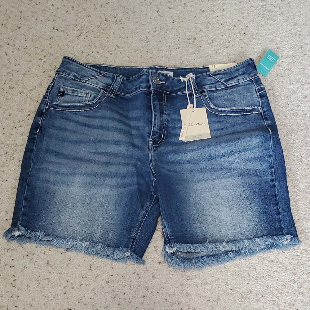 KanCan Dark Blue Distressed Frayed Hem Denim Shorts